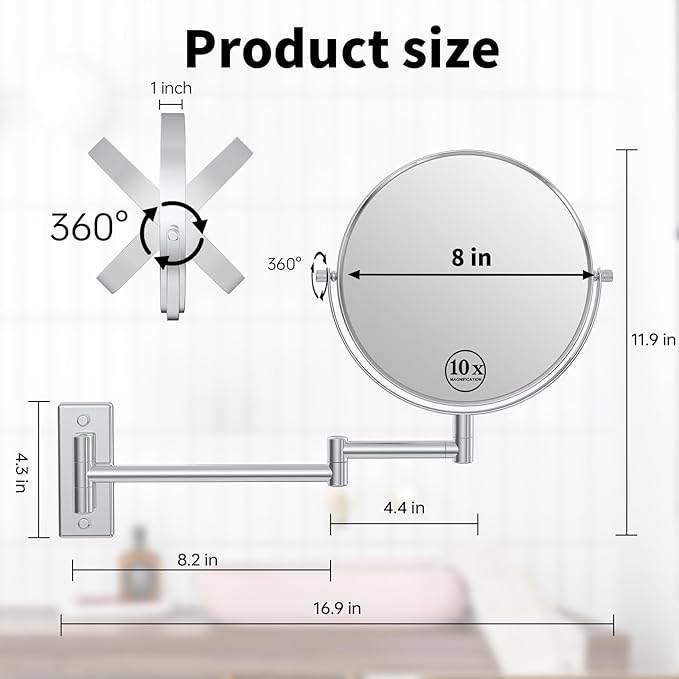 Wall Mounted Makeup Mirror, 10x/1x Double-Sided Magnifying Mirror, 360° Extendable Arm Bathroom Mirror, 8 inch Vanity Mirror for Makeup or Shaving Chrome Finish
