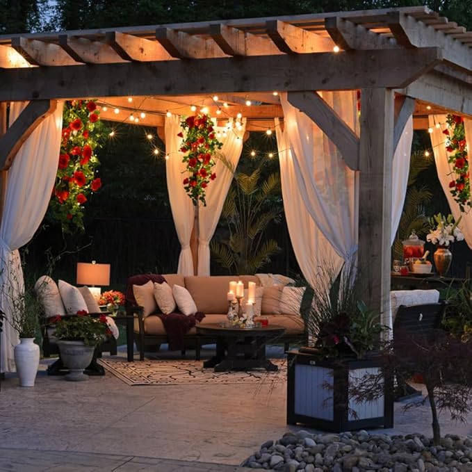 RECUTMS Hanging Rose Flowers Artificial Vines for Outdoors with 30 LED Fairy String Lights Indoor Home Garden Wall Wedding (Red)