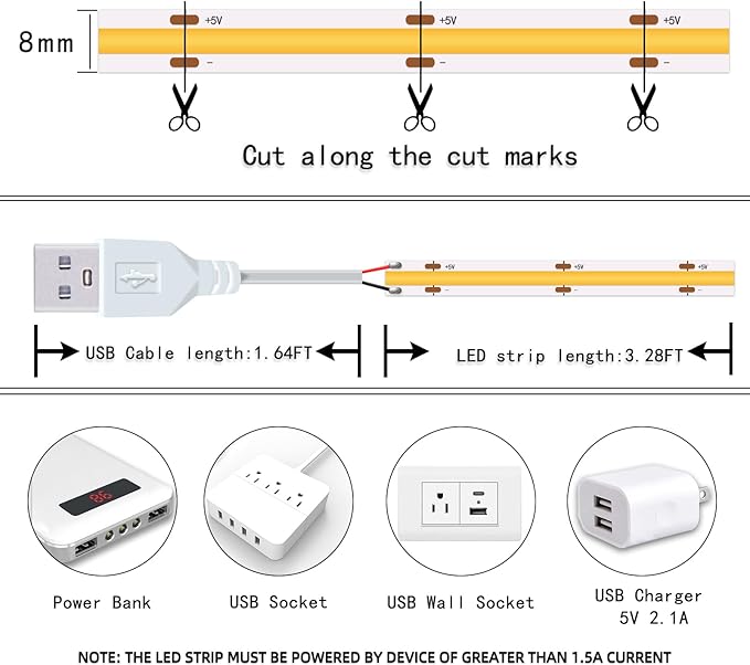 Short Led Strip Lights 5V USB LEDs Display Cabinet Lighting USB 8mm Small COB LED Strip Light 4000K Warm White Not Dimmable Flexible led for Home DIY TV Lights Indoor Use (3.28FT /1M)