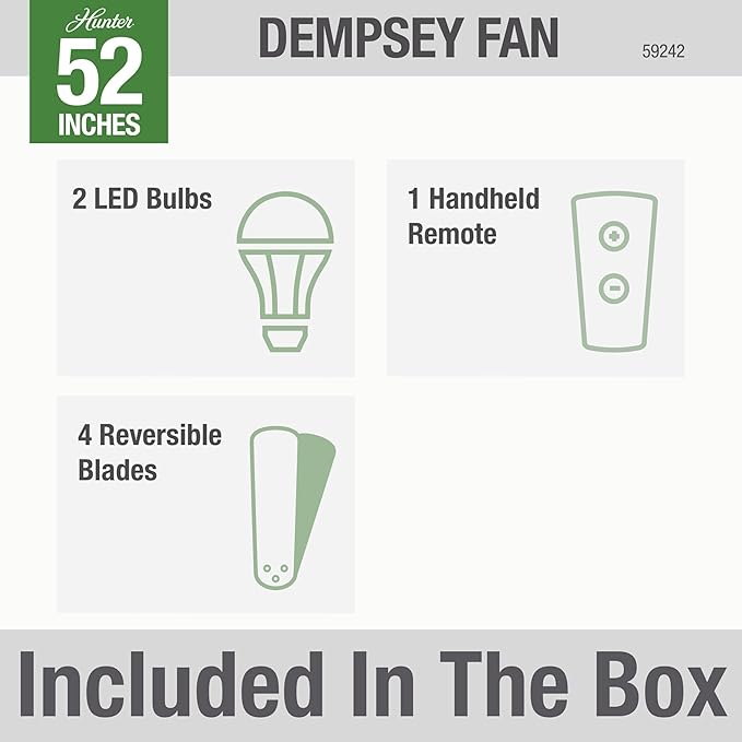 Hunter 52 inch Indoor Ceiling Fan with LED Light and Remote Control - White Modern Ceiling Fan, Low Profile Mount, 4 Blades, For Bedroom, Living Room, or Kitchen, Quiet - Dempsey 59242, Fresh White