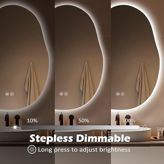 LED Bathroom Mirror with Lights 24x32, Stepless Dimmable Irregular Backlit Mirror with 3 Colors, Anti-Fog, Memory, Al-Alloy Lampshade, Frameless Smart Mirror for Bathroom (Horizontal/Vertical)