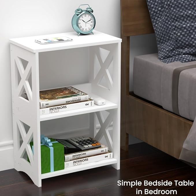 LUCKNOCK Narrow Side Table with Storage, 3-Tier Slim Nightstand for Small Spaces, White Modern End Table, Bedside Table, Bookshelf for Living Room, Bedroom, Bathroom and Office.