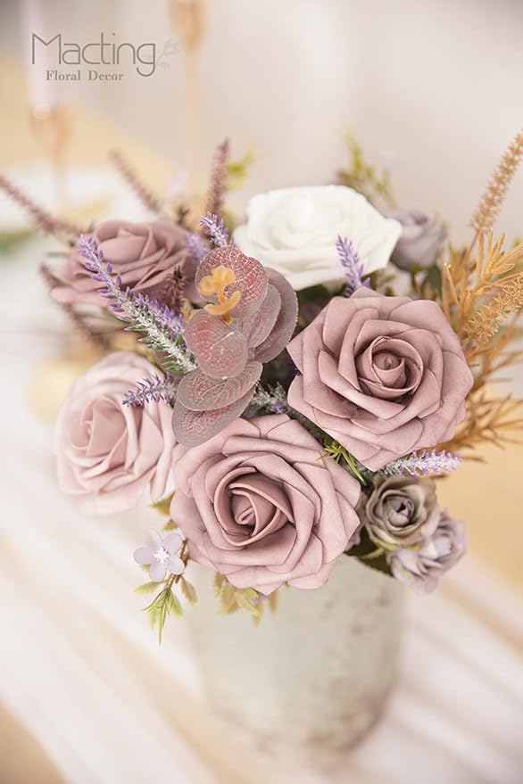 MACTING Artificial Rose Flowers 30PCS Real Touch Fake Flowers with Stem Foam Roses for DIY Wedding Bouquets Table Centerpieces Baby Shower Party Spring Home Mothers Day Decor (Dusty Purple Pink)