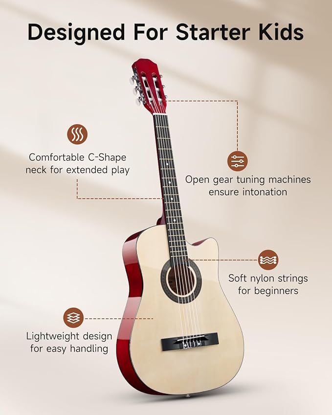 Moukey 38" Acoustic Guitar for Beginners Kids Youth Adult Cutaway Guitarra Acustica Kit with Chord Poster, Gig Bag, Tuner, Picks, Nylon Strings, Capo, Strap - Natural