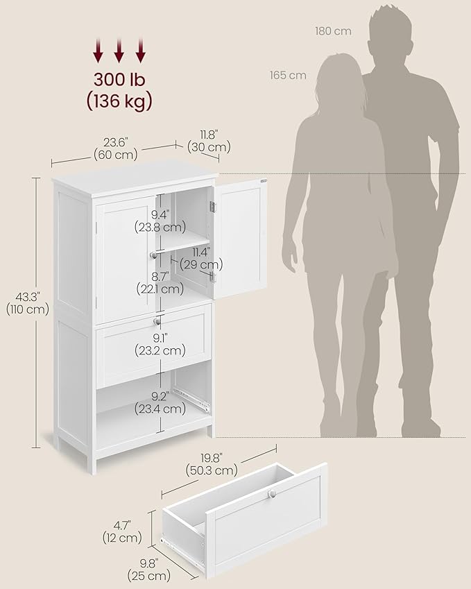 VASAGLE Floor Storage Cabinet, Freestanding Storage Unit with 2 Drawers and 2 Doors, Adjustable Shelf, 11.8 x 23.6 x 43.3 Inches, for Entryway, Bathroom, White UBBC551P31