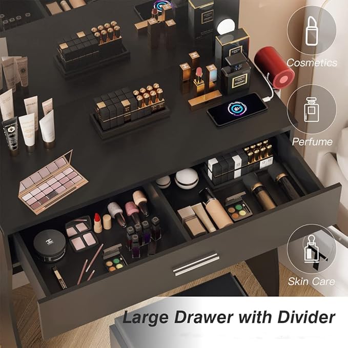 Vanity Table Set with Lighted Mirror - Makeup Vanity with Charging Station, Large Drawer Sturdy Wood Vanity with Lights, 3 Color Modes, Adjustable Brightness，Black