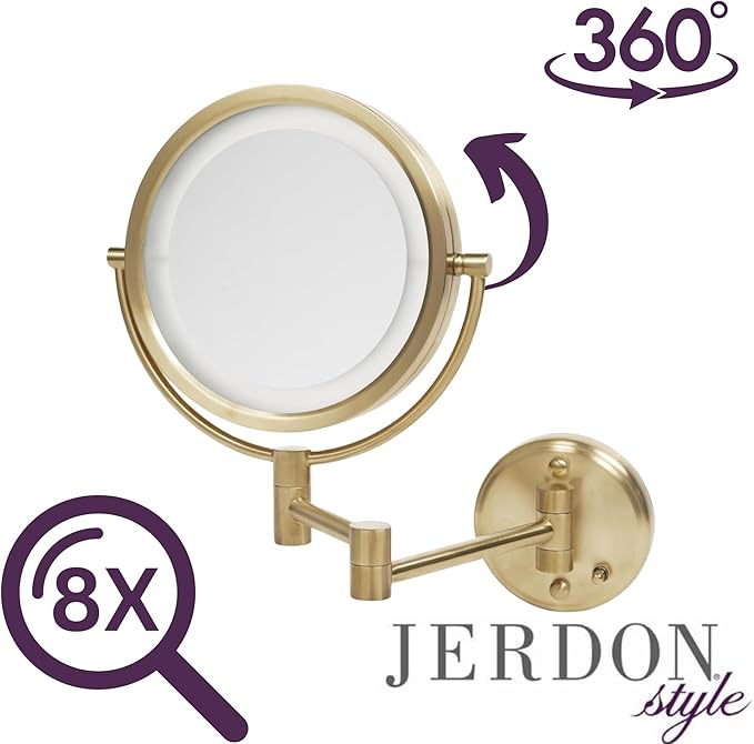 JERDON Wall-Mounted Makeup Mirror with Lights - Direct-Wired Lighted Makeup Mirror with 8X Magnification & Gold Finish - Model HL88BGLD
