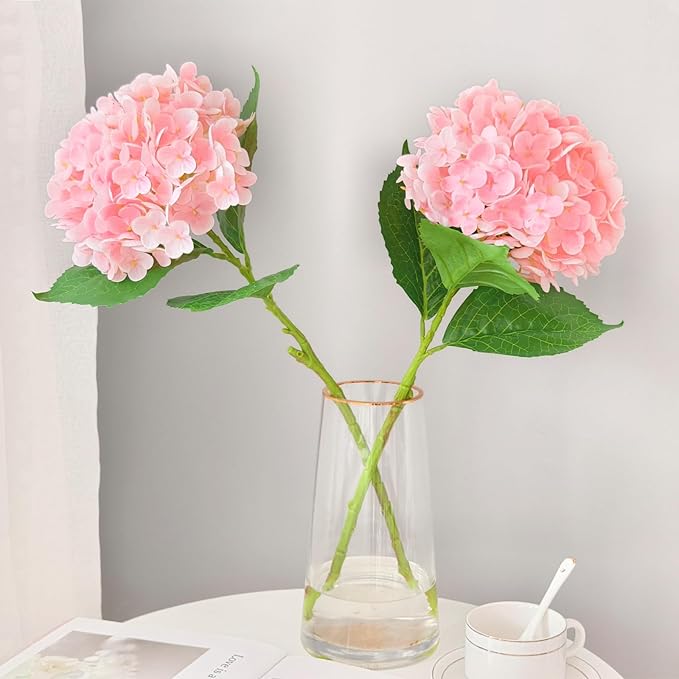 Real Touch Pink Hydrangea Artificial Flowers with Stems, Fake Silk Flowers for Outdoors, 3 Pcs Artificial Flowers for Home Decor Wedding Bouquets Centerpieces Vase