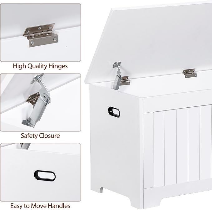 Wooden Storage Chest Box with Flip-top Lid & Safety Hinge, 39.4 Inch Living Room Organizer, Bedroom Bench, White