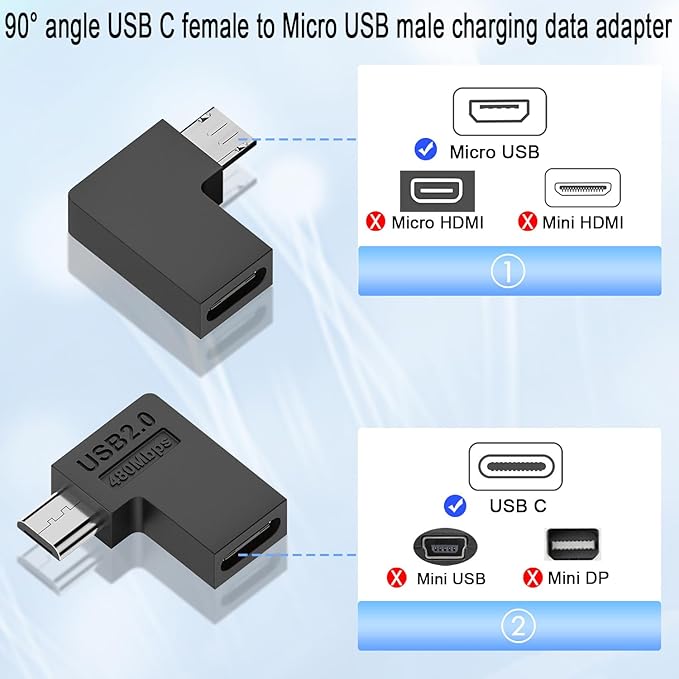 QIANRENON USB C to Micro USB 90° Angle Charging Data Connector Plug USB C Female to Micro USB Male Right Angle Adapter 10W (5V2A) 480Mbps, for Phone MP3 MP4 Digital Camera, 2Pcs (Right Angle)