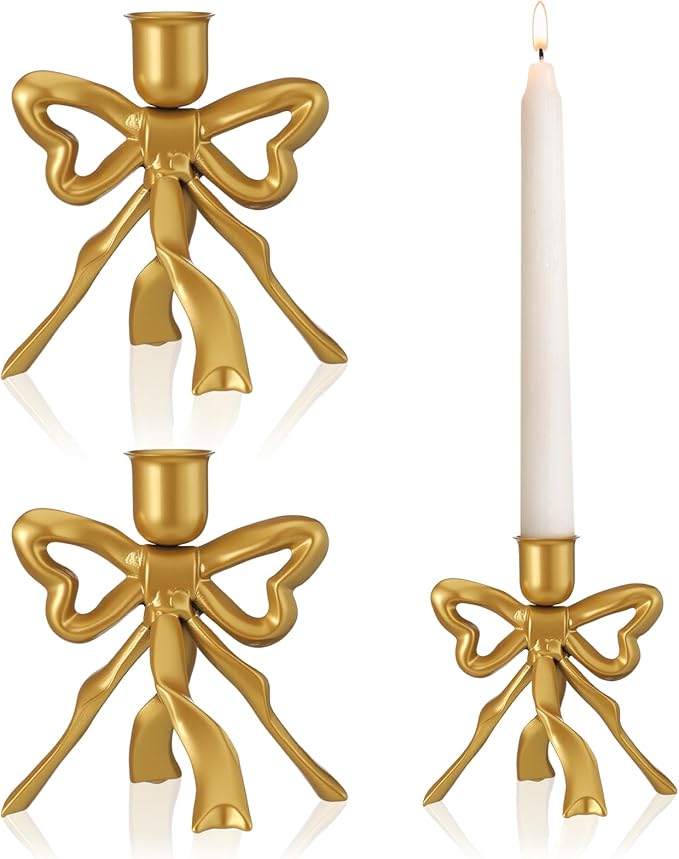 Mumufy 2 Pcs Gold Bow Taper Candle Holder Vintage Metal Candle Stick Holders Antique Brass Decorative Candlestick for Wedding Christmas Home Table Decor, 4.5" W x 4.3" H