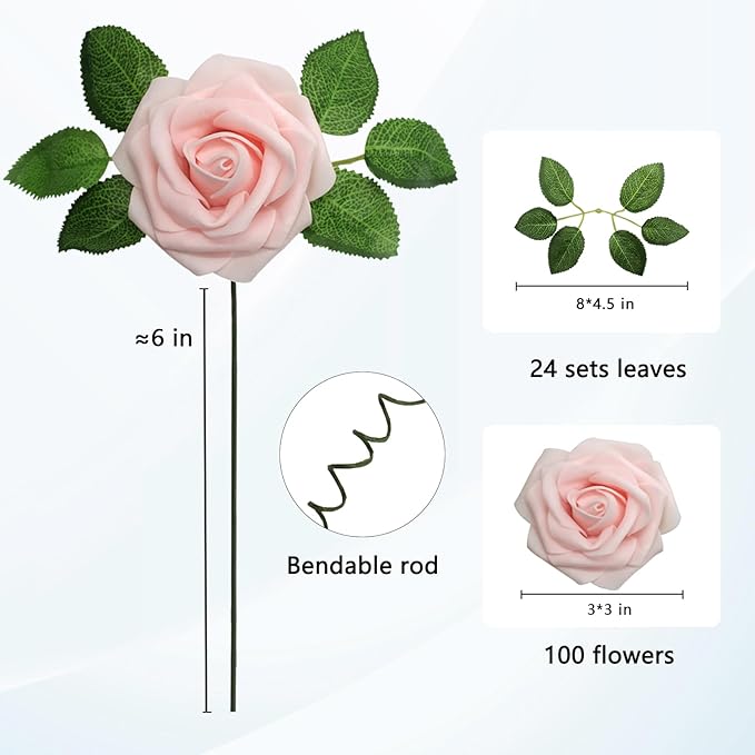 JOYLEX Artificial Flowers Realistic Roses, 100pcs Real Looking Fake Roses with Stem for DIY Wedding Bouquets Centerpieces Bridal Shower Party Home Romantic Decorations (Light Pink)