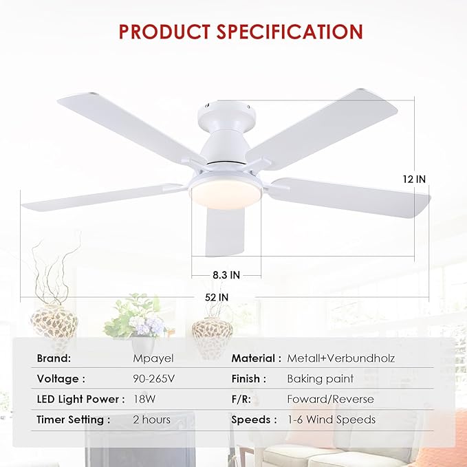 Ceiling Fans with Lights- 52" RGB Low Profile Indoor Ceiling Fan with Light and Remote/APP Control, Flush Mount, LED Dimmable DC Reversible Modern Ceiling Fan for Bedroom（White）