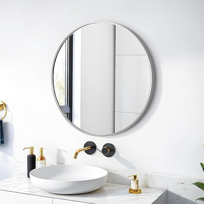 20" Round Mirror Circle Wall Mounted Hanging or Against Wall Metal Frame Dressing Make-up Mirrors for Entryway Bedroom Bathroom Living Room 20 inch Silver