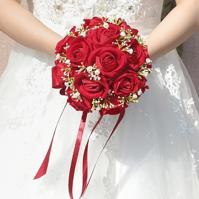 Wedding Bouquet Bride Flower Bridal Bouquets, Ribbon Artificial Rose Wedding Bouquets for Bride Bridesmaid Bouquet Dark Red Rose Bouquet Bride Bridesmaid Holding Flower for Wedding Decor
