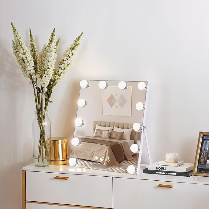 Lighted Makeup Mirror, Hollywood Vanity Mirror with Lights, Makeup Mirror with Lights for Desk, 3 Color Modes and 12 Dimmable Bulbs, Smart Touch Control