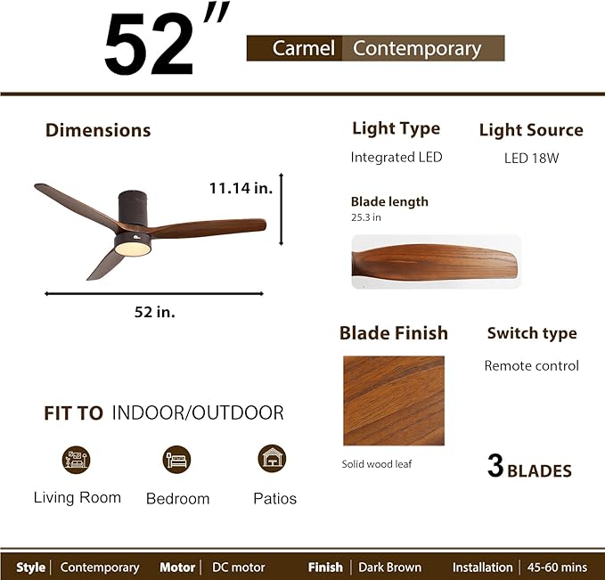 Sofucor 52 Inch Ceiling Fans with Lights, Indoor/Outdoor Ceiling Fan with Light and Remote, Quiet DC Reversible, Dimmable, Flush Mount, 3 Blade Solid Wood Ceiling Fans or Patio Bedroom Farmhouse