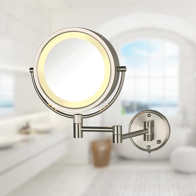 JERDON Wall-Mounted Makeup Mirror with LED Lighting - Direct Wire Lighted Makeup Mirror with 8X Magnification & Nickel Finish Wall Mount - Model HL75ND