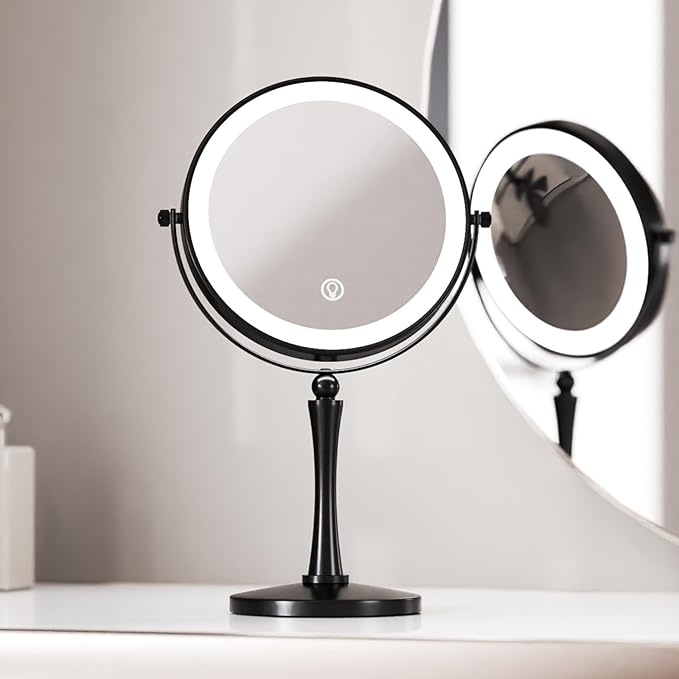 Nicesail 8” Desk Mirror with Light Dimmable 3 Colors Lighting, Magnifying Mirror with Lights and 1X/7X Magnification Makeup Vanity Mirror with Lights, Makeup Mirror for Home Hotel Desktop, Black 7X