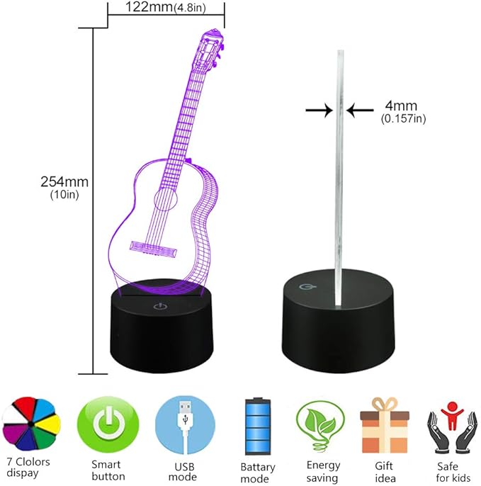 AZIMOM 3D Guitar Illusion Lamp Night Light for Bedroom 16 Colors Changing Smart Touch Remote Control Optical Illusion Bedside Desk Lamps Home Decoration Boys & Girls Women Birthday Gifts