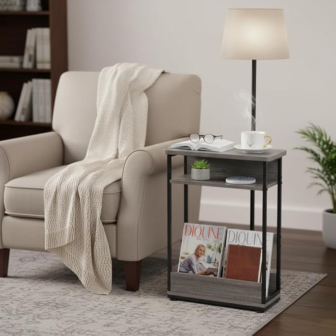 Narrow Side Table,3-Tier Slim End Table with Storage Shelf,Modern Sofa Table Thin Side Table for Narrow and Small Spaces, Skinny Bedside Table Small Nightstand with Magazine Rack Space Saving/Grey