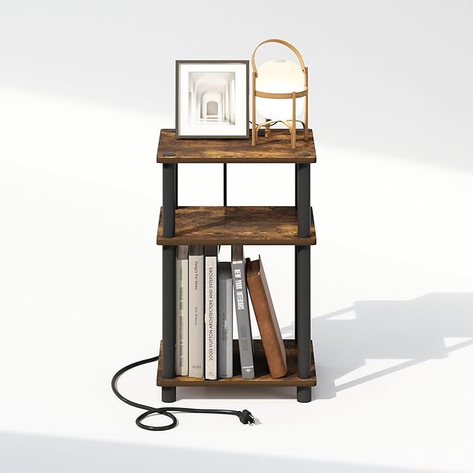 Furinno JUST Night Stand, 3-Tier Turn-N-Tube Nightstand with Charging Station, Bedside Table, End Table, Side Table with USB and Type-C Charging Port, for Bedroom, Living Room, Amber Pine