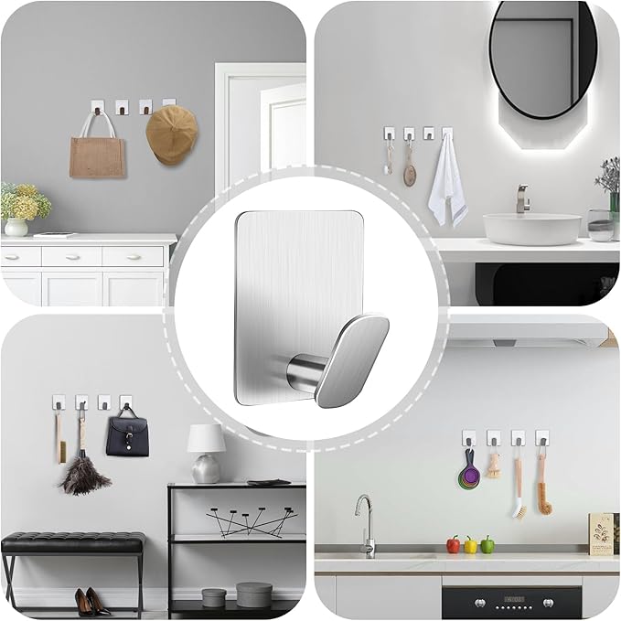 DELITON Towel Hooks for Bathrooms - 8 Pack Adhesive Wall Hooks for Hanging Robe Coat Stick on Hook No Damage SUS 304 Stainless Steel, Silver