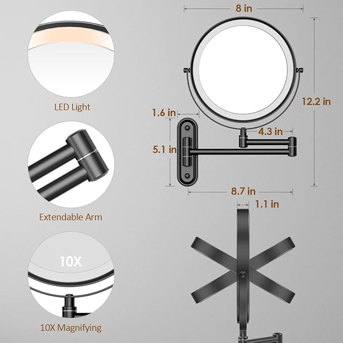 Rocollos Rechargeable Lighted Wall Mounted Makeup Mirror with 3 Color Lights,Dimmable Touch Screen,8 Inch LED Double Sided 1X/10X Magnifying 360°Flexible 13 Inch Retractable