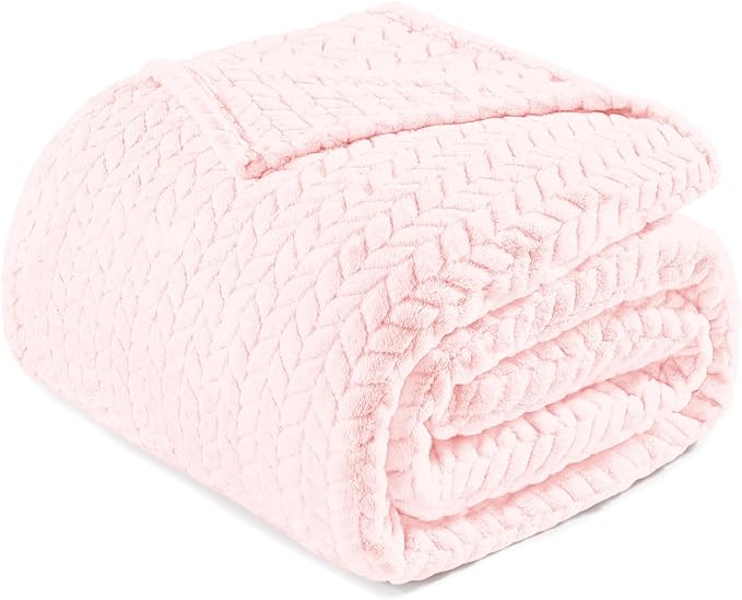 Exclusivo Mezcla Fleece Twin Size Blanket for Bed, 90x66 Inches Soft Cozy Jacquard Flannel Blankets, Lightweight Fuzzy Plush Warm for Winter, Light Pink