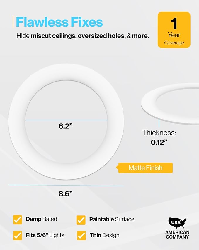 Sunco 12 Pack Goof Rings for 6 Inch Recessed Lights, Flush Mount White Can Light Trim Ring Cover, Outer Diameter 8.6 Inch, Inner Diameter 6.2 Inch, Paintable Surface, Matte Finish.