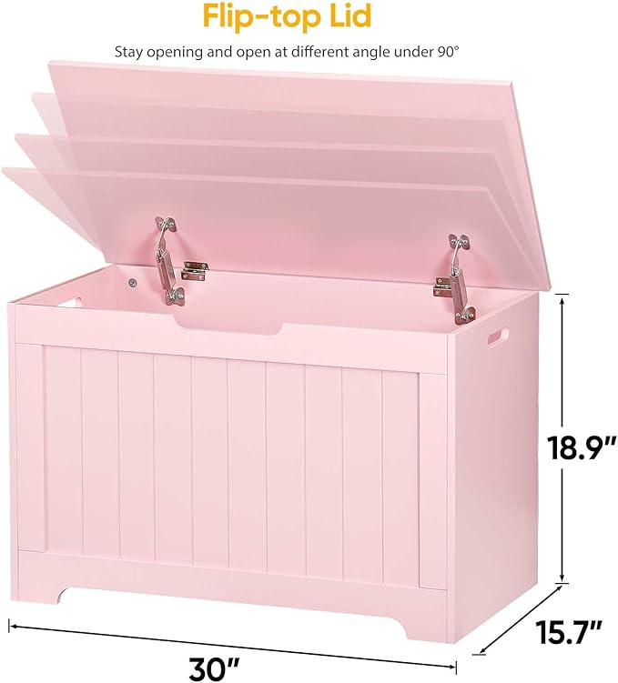 Wooden Storage Chest Box with Flip-top Lid & Safety Hinge, Living Room Organizer, Bedroom Bench with 100L Storing Area, Pink
