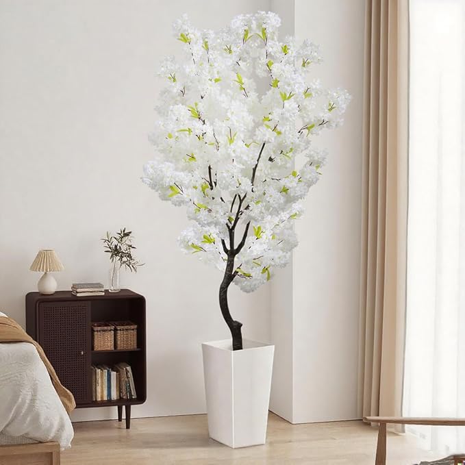 White Faux Cherry Blossoms Tree Artificial Cherry Blossom Tree Bedroom Trees for Home Decor 6FT