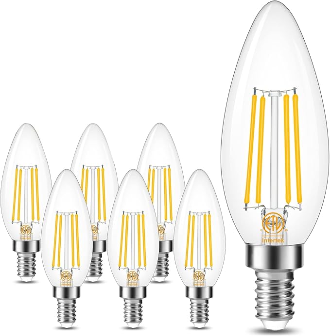 Cotanic E12 Base 3000K LED Light Bulbs Dimmable, Soft White Candelabra LED Bulbs 60W Equivalent, Candle Shape Type B Light Bulbs for Chandelier, Decorative LED Filament Clear Glass, 600LM, 6 Pack