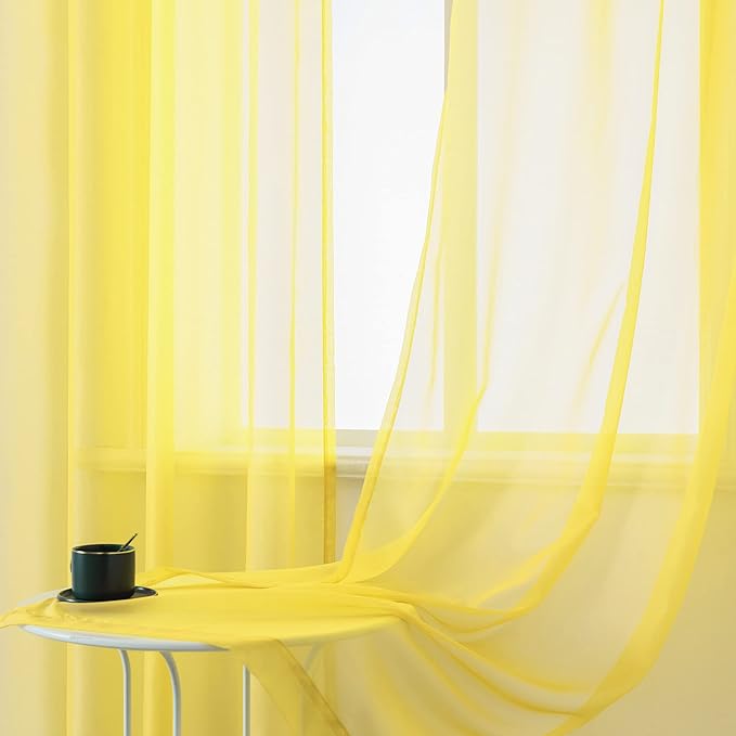 DUALIFE 96 Inches Long Yellow Sheer Curtains 2 Panels Grommet Curtain Panel Voile Drapes Semi Sheer Curtains for Living Room Set Bedroom Solid Bright Yellow Color 52 x 96 Inch Length