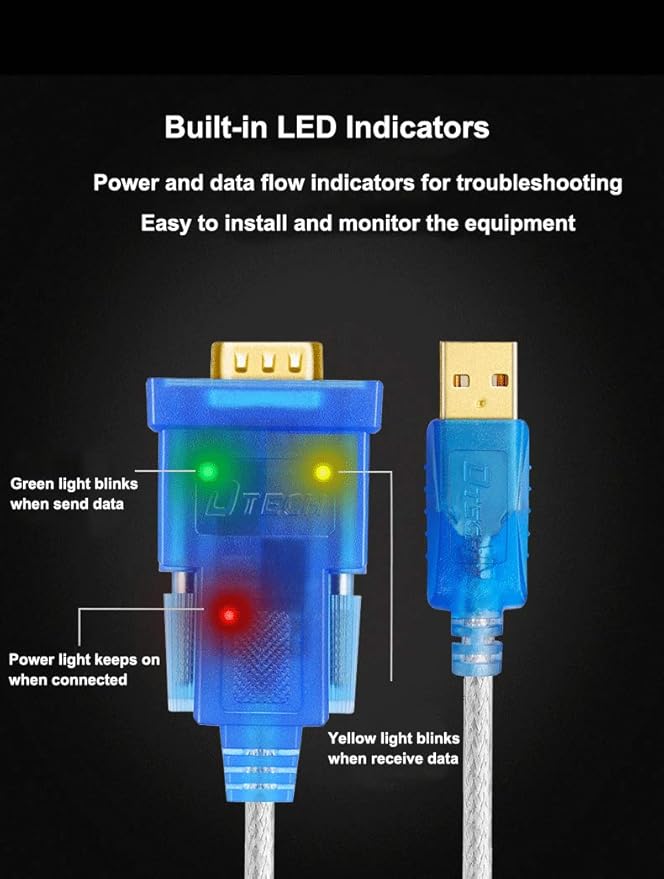 DTECH USB to Serial Adapter Cable with RS232 DB9 Male Port FTDI Chipset Supports Windows 10 8 7 and Mac Linux - 4 Feet