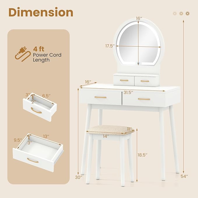 CHARMAID Vanity Desk with Mirror and Lights, Modern Makeup Vanity Table with 4 Drawers, 3-Color Dimmable LED Mirror, Girls Dressing Table and Stool Set for Small Bedroom (White)