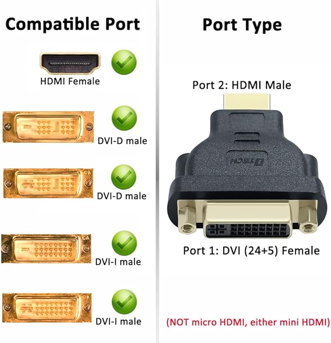 DTECH DVI to HDMI Adapter Female to Male Converter for Computer Monitor Bi-Directional Connection DVI-I 24+5 Port Supports up to 4K 30Hz 1080P@60Hz Video