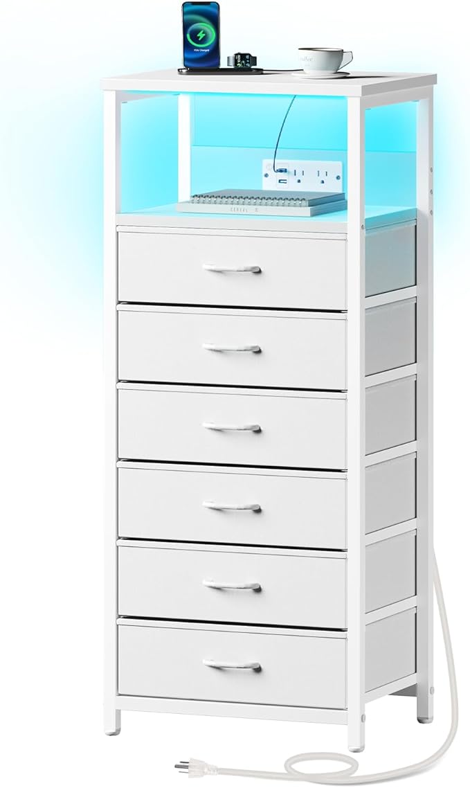 Seventable Night Stand with Charging Station, Tall Nightstand with 6 Fabric Storage Drawers, Side Table with LED Light for Bedroom, Entryway, White