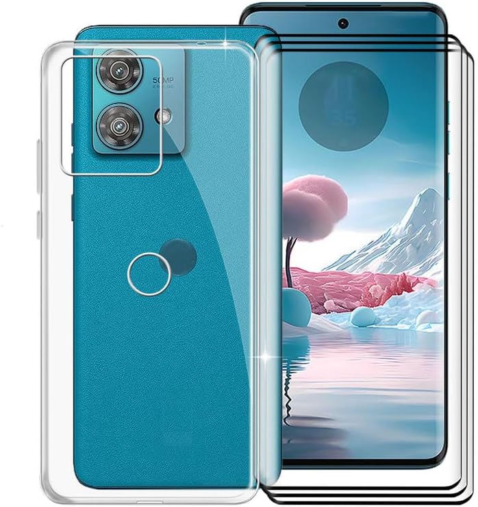 Motorola Edge 40 Neo Case with 3 x Tempered Glass Screen Protector, Transparent Shockproof Soft Silicone Protection