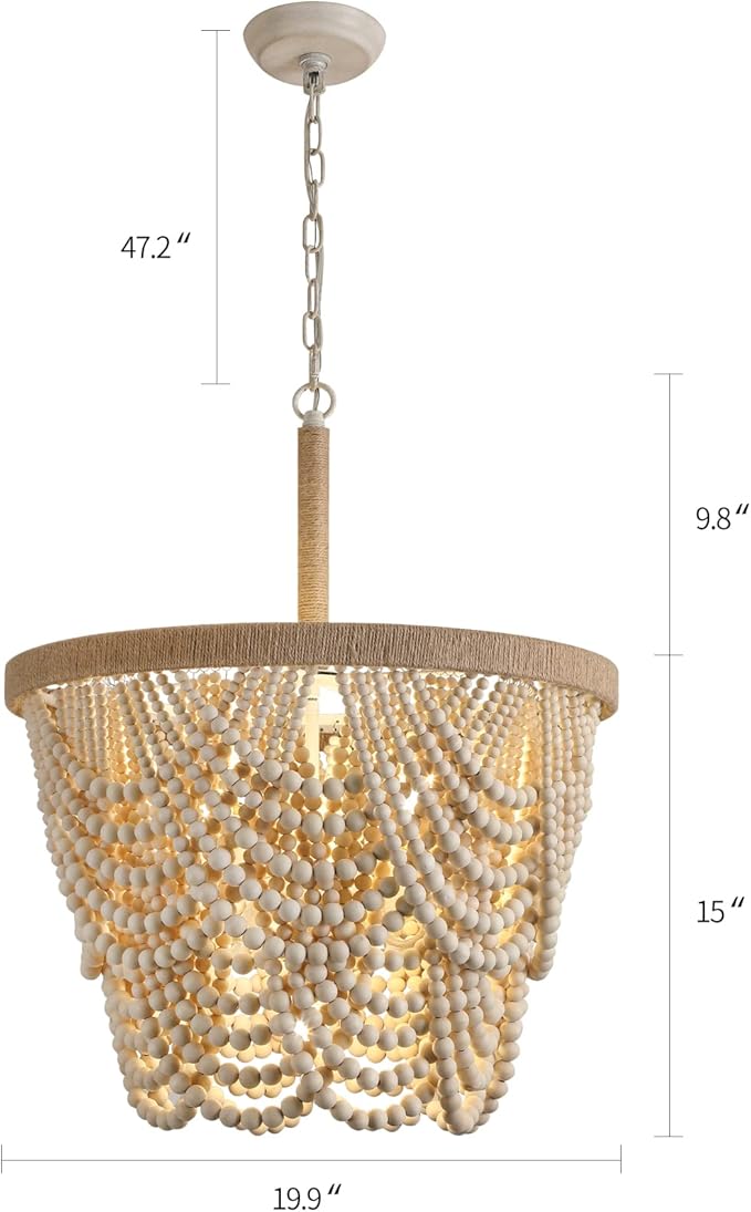Q&S Boho Wood Beaded Chandelier,Farmhouse Coastal Large Bohemia 5 Lights for Dining Room Kitchen Living Room Entryway Foyer Hotel W19.9 UL Listed