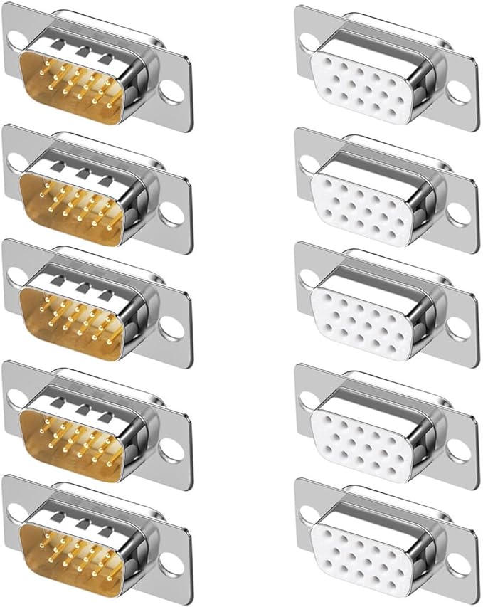 10PCS VGA Male Female DB15 3Row Solder Cup Connectors, Gold Plated Joints Solder Type D-SUB HD15 15Pin D Sub Couplers(Male x 5, Female x 5)