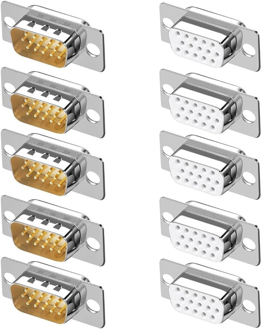 10PCS VGA Male Female DB15 3Row Solder Cup Connectors, Gold Plated Joints Solder Type D-SUB HD15 15Pin D Sub Couplers(Male x 5, Female x 5)