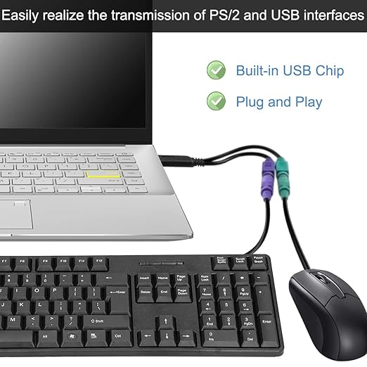 PS/2 to USB Adapter Keyboard Mouse Adapter Cable, PS/2 Female to USB A Male Plug with Chip, 2 PCS 2 in 1 PS-2 to USB 2.0 Converter Cord