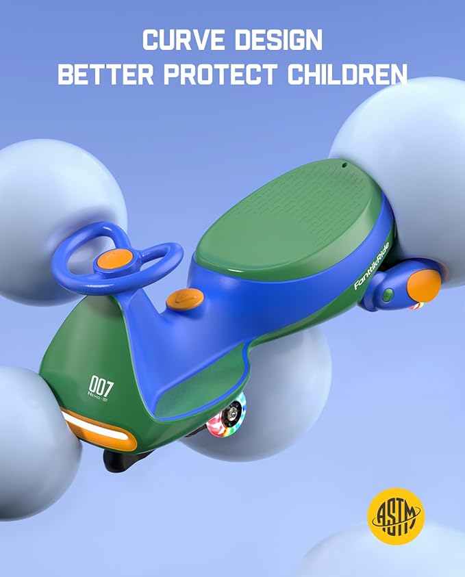FanttikRide 6V N7 Classic Electric Wiggle Car with Pedal, Rechargeable Battery, Ride on Toys, Swing Car, 2 Speeds, Anti-Rollover, Flashing Light Wheels, Bluetooth, for Ages 3 and Up, 150 Lbs, Green