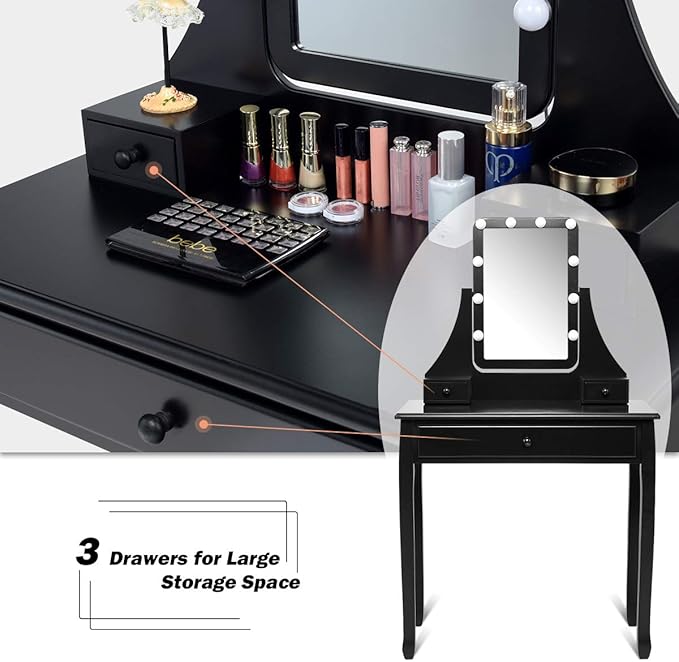 CHARMAID Vanity Set with Lighted Mirror, Makeup Table with 10 LED Dimmable Bulbs, 3 Lighting Sets, 3 Drawers, Bedroom Dressing Table Vanity Desk with Cushioned Stool for Women Girls (Black)