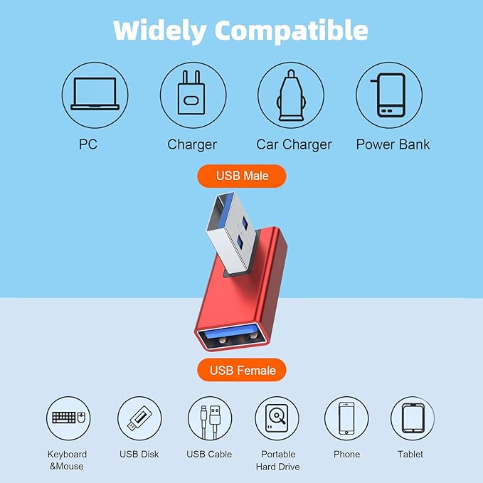 AreMe 90 Degree USB 3.0 Adapter 2 Pack, Left and Right Angle USB A Male to Female Converter Extender for PC, Laptop, USB A Charger, Power Bank and More (Red)