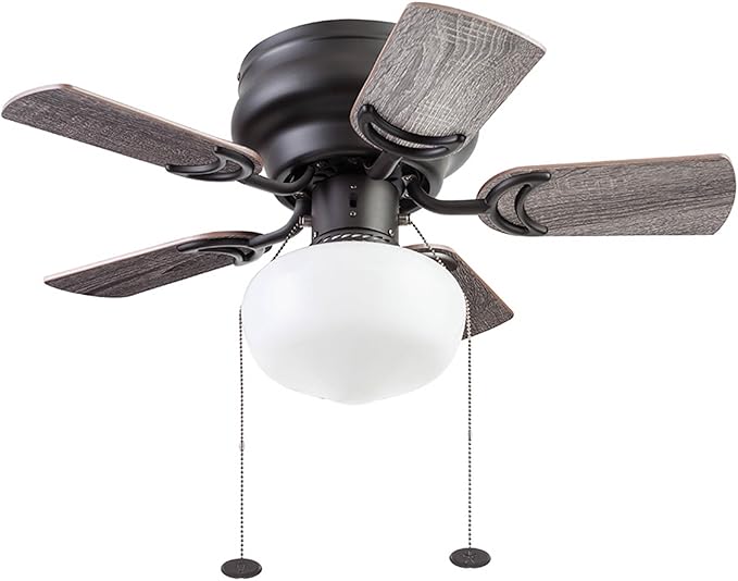 Prominence Home Hero, 28 Inch Traditional Flush Mount Indoor LED Ceiling Fan with Light, Pull Chain, Dual Finish Blades, Reversible Motor - 51655-01 (Bronze)