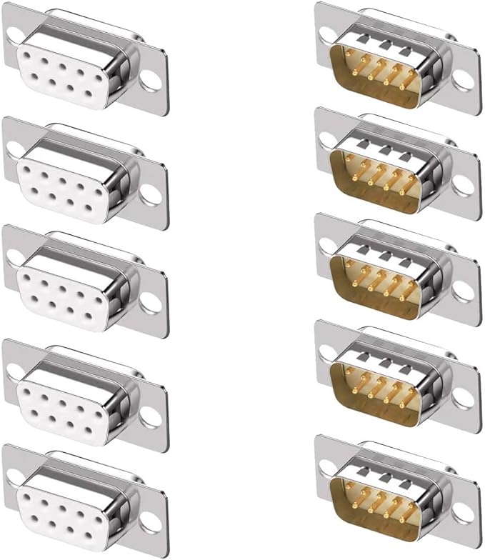 10PCS DB9 RS232 D-SUB Serial Solder Cup Connectors, Gold Plated Joints RS232 Serial Port 9 Pin D Sub Couplers(Male x 5, Female x 5)