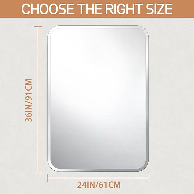 Frameless Bathroom Mirror for Over Sink,Wall Mounted Vanity Mirrors 24x36in,Rounded Rectangle Mirror Frameless with Polished Edge for Bedroom,Living Room,Entryway,Shatterproof (Horizontal/Vertical)