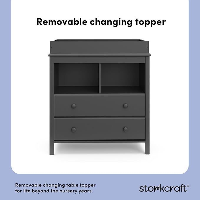 Storkcraft Alpine 2 Drawer Changing Table Chest (Gray) - Attached Changing Table Topper Fits Any Standard-Size Baby Changing Pad, 2 Drawers, 2 Shelves for Extra Nursery Storage, Easy to Assemble